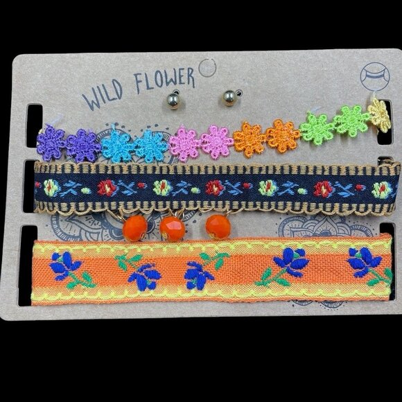 Wildflower Boho Floral Choker Necklace Set With Gold Tone Studs Festival Y2K - Picture 2 of 5